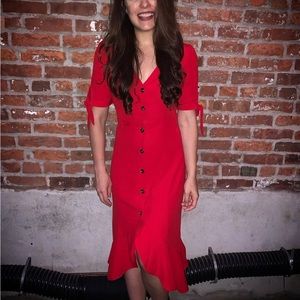 Lulus Gemma Red Button Front Tie Sleeve Ruffled Midi Dress